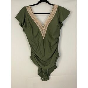 Olive Green One Piece Swimsuit Crochet Trim Flutter‎ Sleeve Ruched Size L